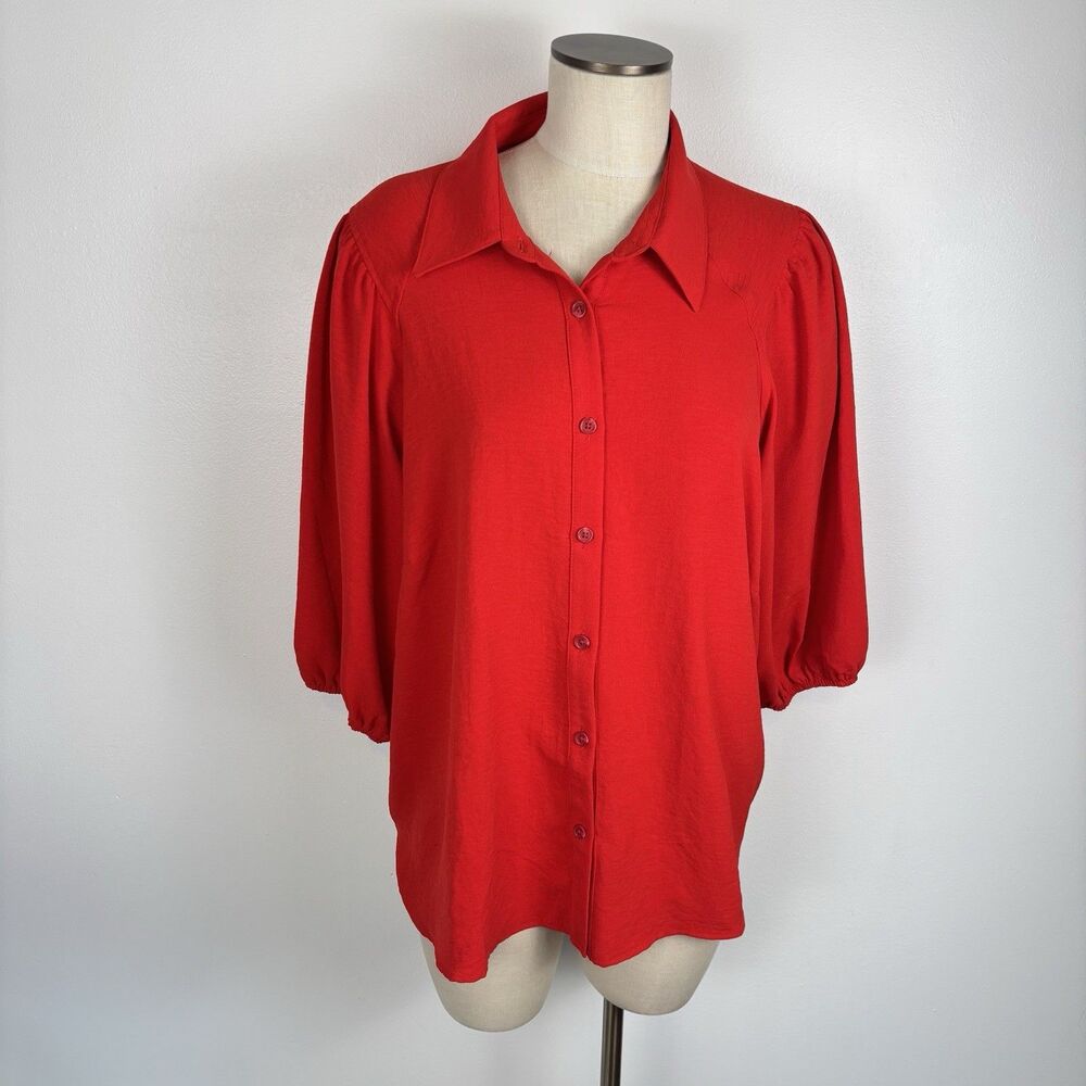 Fair Haven Womens 1X Red Button Front Puff Sleeve Blouse Top Shirt Collared